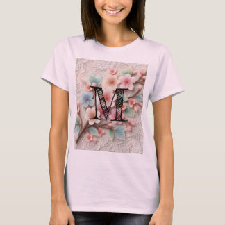 Monogram kant bloemenroze pastel kersenbloesem t-shirt