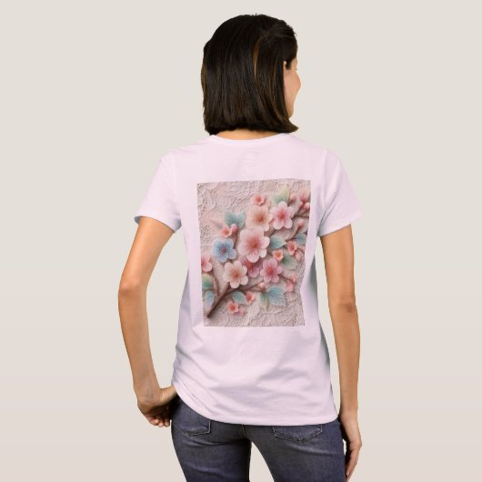 Monogram kant bloemenroze pastel kersenbloesem t-shirt (Achterkant volledig)