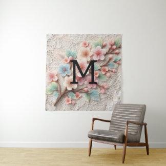 Monogram kant bloemenroze pastel kersenbloesem wandkleed
