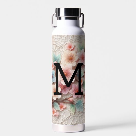 Monogram kant bloemenroze pastel kersenbloesem waterfles (Voorkant)