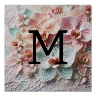 Monogram kant bloemenroze pastel orchidee bloemen perfect poster