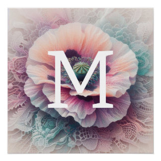Monogram kant bloemenroze pastel papaver bloemen perfect poster