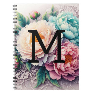 Monogram kant bloemenroze sinaasappel blauw pioene notitieboek