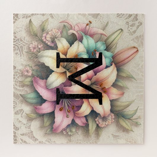 Monogram kant bloemroze sinaasappel blauwgroen lel legpuzzel (Horizontaal)