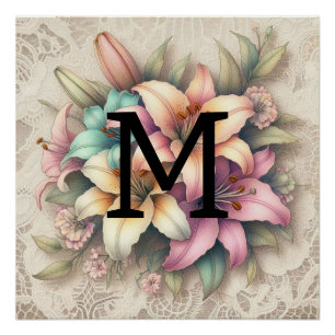 Monogram kant bloemroze sinaasappel blauwgroen lel perfect poster