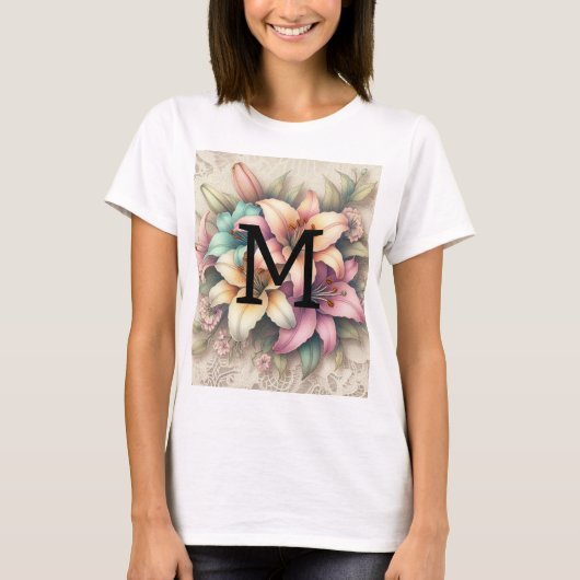 Monogram kant bloemroze sinaasappel blauwgroen lel t-shirt (Voorkant)