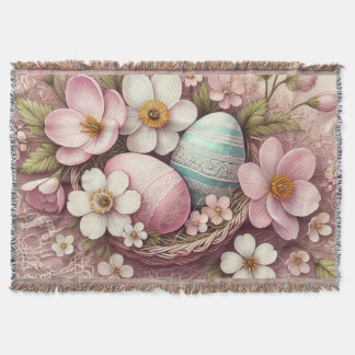 Monogram kant roze bloemen paaseieren in een mand deken