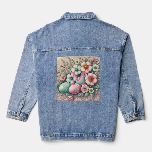 Monogram kant roze bloemen paaseieren in een mand denim jacket (Achterkant)
