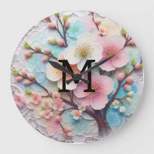 Monogram kant roze bloemenpastel kersenbloesem grote klok