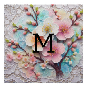 Monogram kant roze bloemenpastel kersenbloesem perfect poster