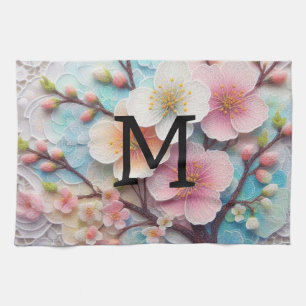 Monogram kant roze bloemenpastel kersenbloesem theedoek