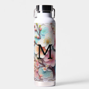 Monogram kant roze bloemenpastel kersenbloesem waterfles
