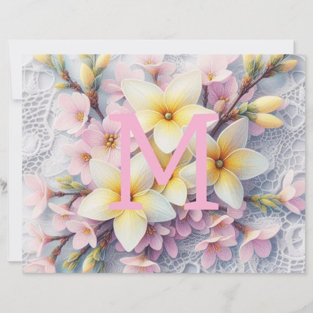 Monogram kant roze en gele lente bloemen (Voorkant)
