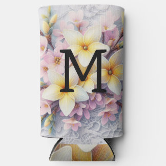 Monogram kant roze en gele lente bloemen seltzer blikjeskoeler