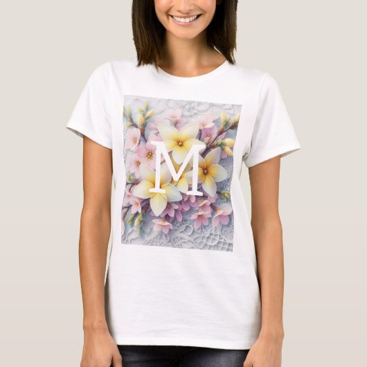 Monogram kant roze en gele lente bloemen t-shirt (Voorkant)