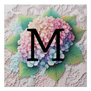 Monogram kant roze paarse hortensia bloemen perfect poster