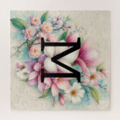 Monogram kant roze paarse magnolia bloemen legpuzzel (Horizontaal)