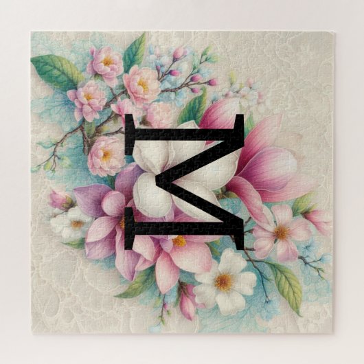 Monogram kant roze paarse magnolia bloemen legpuzzel (Horizontaal)