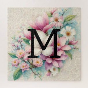 Monogram kant roze paarse magnolia bloemen legpuzzel