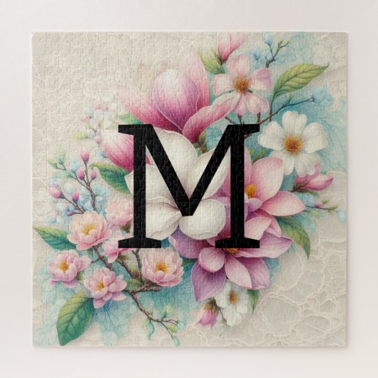 Monogram kant roze paarse magnolia bloemen legpuzzel (Verticaal)