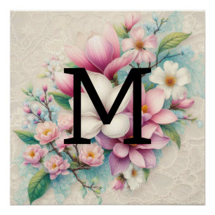 Monogram kant roze paarse magnolia bloemen perfect poster