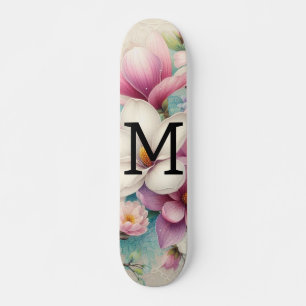 Monogram kant roze paarse magnolia bloemen persoonlijk skateboard