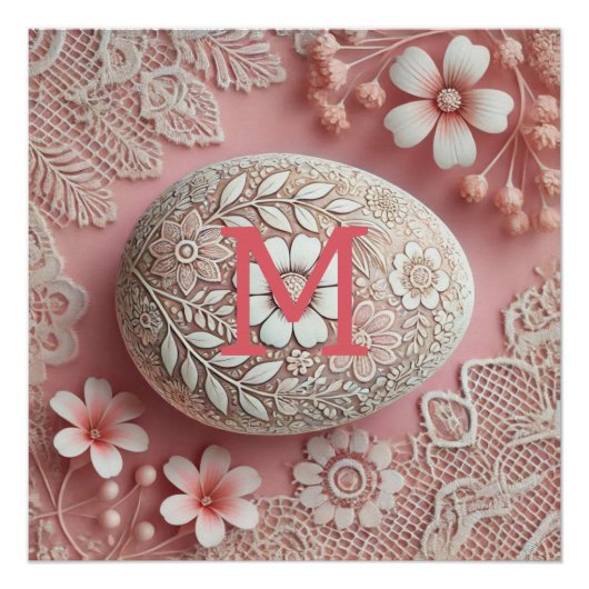 Monogram kant roze witte bloem paasei perfect poster (Voorkant)