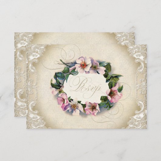 monogram kant Wilde roze roze roodroze vormig RSVP Kaartje (Voorkant / Achterkant)