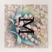 Monogram kant witte lelies van de vallei bloemen legpuzzel (Horizontaal)