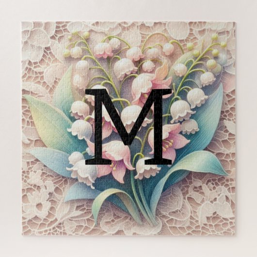 Monogram kant witte lelies van de vallei bloemen legpuzzel (Verticaal)