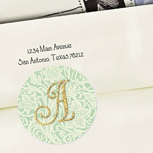 Monogram Kanten Envelopezegel Goud Groen Ronde Sticker