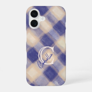 Monogram kariert geruit navyblauw crèmekleurig han iPhone 16 hoesje
