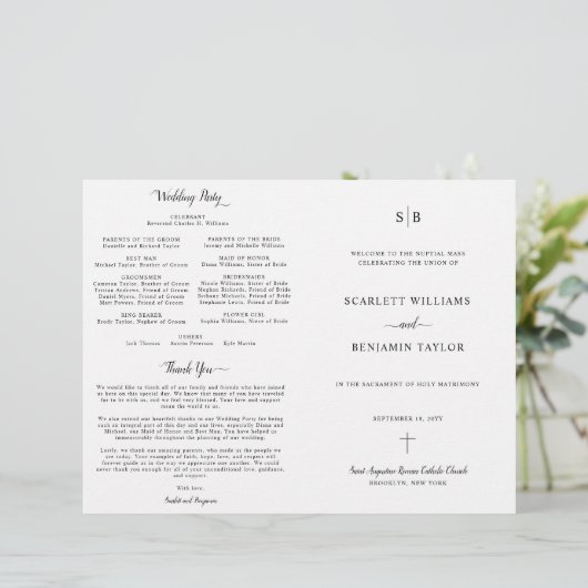 Monogram katholieke bruiloft met programma voor vo (Staand voorkant)