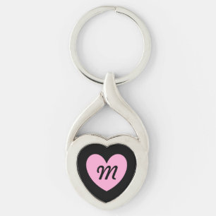 Monogram katoenachtig Snoep Roze hart op zwart Sleutelhanger