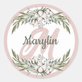 Monogram katoenen bloemengebladerte minimalistisch ronde sticker (Voorkant)