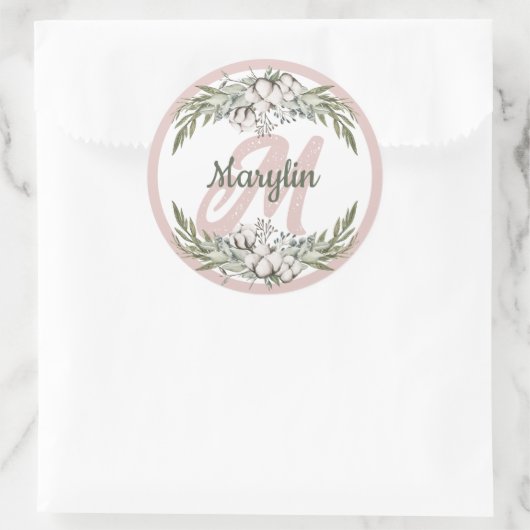 Monogram katoenen bloemengebladerte minimalistisch ronde sticker (Tas)