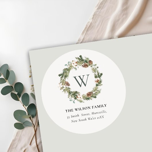 Monogram katoenpapier Kone kerstmis Wreatadres Ronde Sticker