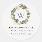 Monogram katoenpapier Kone kerstmis Wreatadres Ronde Sticker (Voorkant)