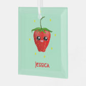 Monogram kawaii aardbeien fruit op turkoois glas ornament (Voorkant links)
