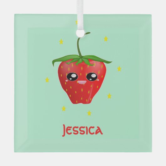 Monogram kawaii aardbeien fruit op turkoois glas ornament (Voorkant)