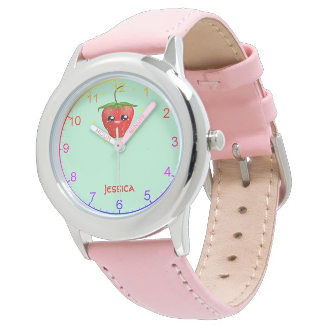 Monogram kawaii aardbeien fruit op turkoois horloge (Gekanteld)