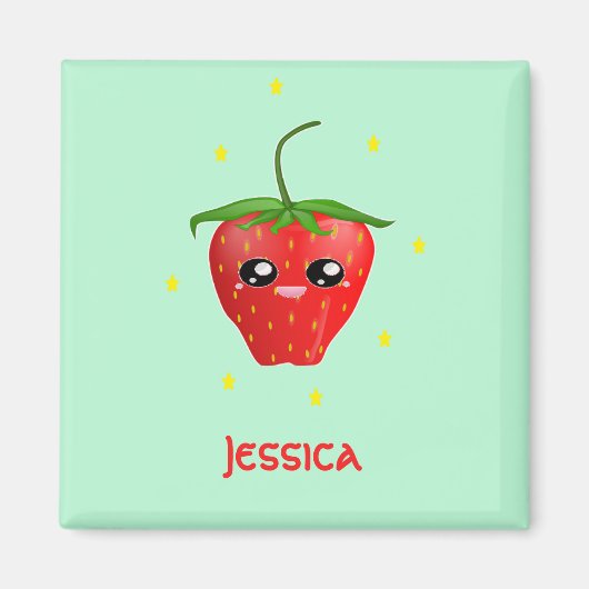 Monogram kawaii aardbeien fruit op turkoois magneet (Voorkant)