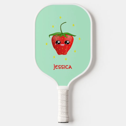 Monogram kawaii aardbeien fruit op turkoois pickleball paddle (Voorkant)