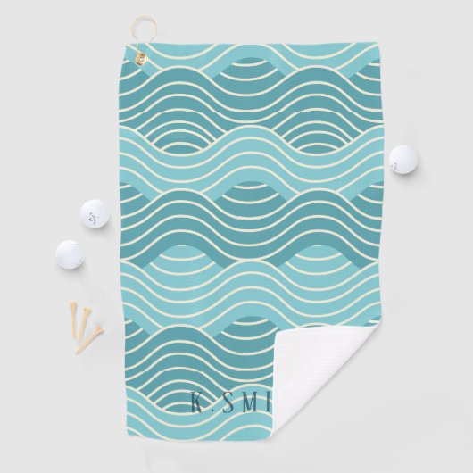 Monogram Kawaii Cute Blue Water Wave Pattern Golfhanddoek (Insitu)