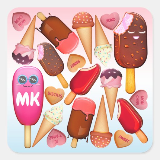 Monogram Kawaii ijskegel ijstraktaties Vierkante Sticker (Voorkant)