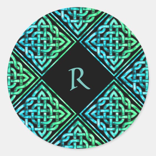 Monogram Keltische knoop Blauw Groen Ronde Sticker (Voorkant)