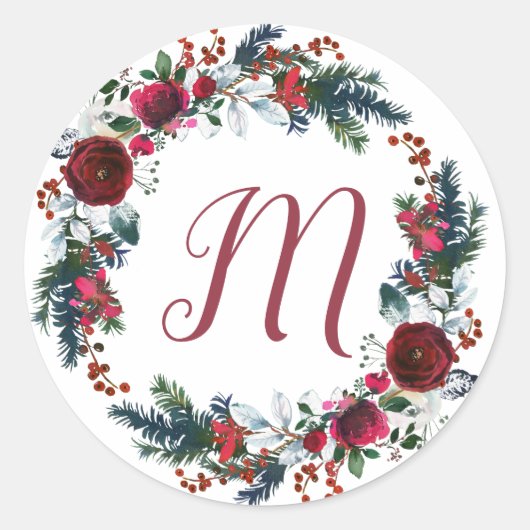 Monogram kerst bloemenbordeaux dennenkrans ronde sticker (Voorkant)