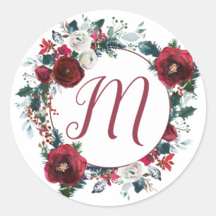Monogram kerst bloemenbordeaux rozen krans ronde sticker
