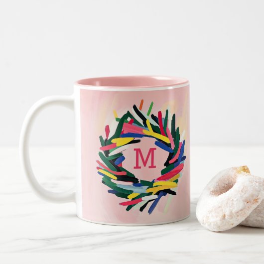 Monogram Kerst Bold Kleurrijke Krans Tweekleurige Koffiemok (Met donut)