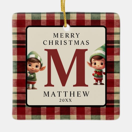 Monogram Kerst Elf Photo Tree Keramisch Ornament (Voorkant)